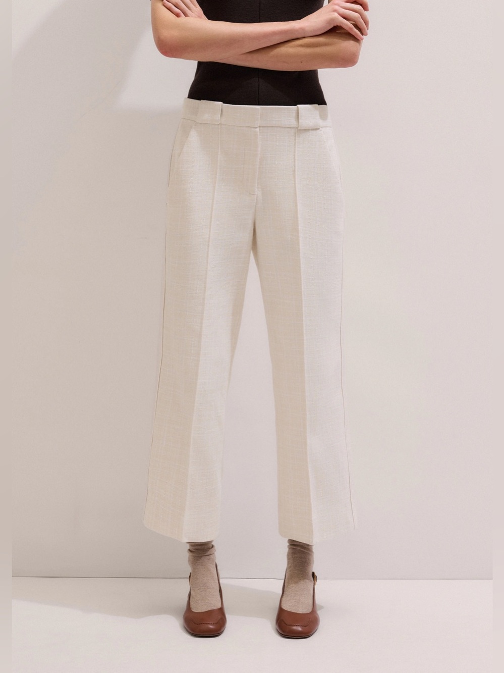 ME+EM Slim Fit Cropped Trousers Cream Ivory Textured Tailored Pants US 4